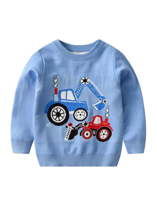 Boys Cartoon Engineering Vehicle Sweater, Knit Pullover, Autumn/Winter