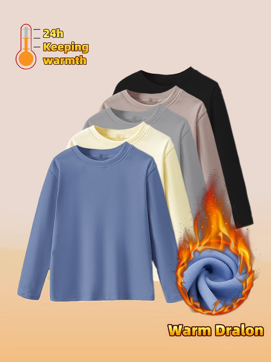 5 Pcs Kids' Thermal Long Sleeve Tops - Solid Color, Soft Polyester Blend, Slight Stretch, Casual Base Layer