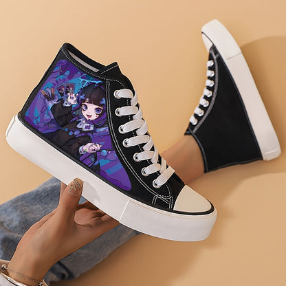 Women's Anime Beauty Print Shoes, Lace Up Comfy Platform Daily Skate Shoes, Lightweight High-top Canvas Shoes - Hiccupzz