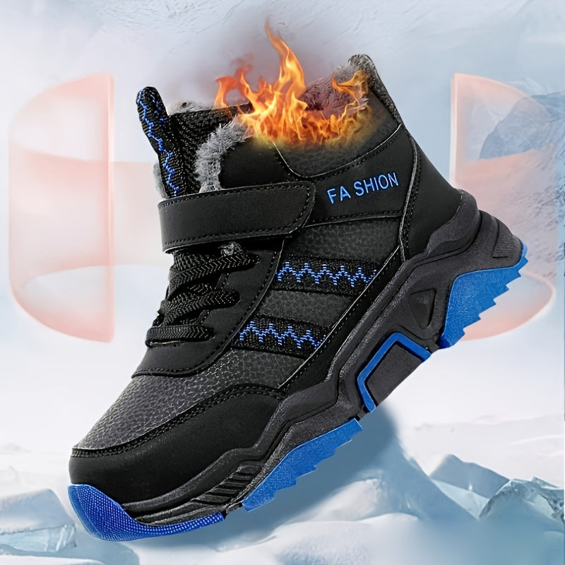 Kids Mid-Top Winter Snow Boots with Striped Hook & Loop Closure, Warm Lined PU Upper, TPR Sole, and Stylish Sewing Thread Design - Perfect for Fall/Winter.