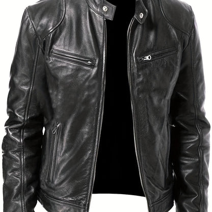 Men's PU Leather Motorcycle Jacket with Zipper Pockets, Autumn/Winter Stand Collar Cardigan Coat - Hiccupzz