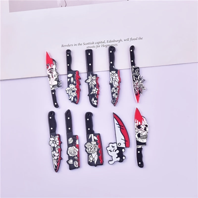 10pcs Bloody Knife Pendants - Acrylic Knife Shape with Skull & Rose, Gothic Style DIY Jewelry for Earrings & Necklaces, Craft Accessories