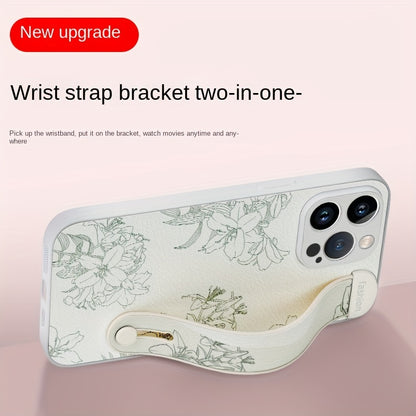 Floral Print Phone Case with Wrist Strap for iPhone 15/14/13/12 Pro Max Series - Elegant Lily Pattern, High-End Anti-Scratch and Drop-Proof Cover with Bracket Feature - Hiccupzz