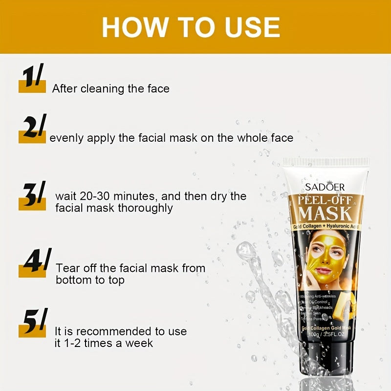 Gold Peel-Off Mask with Collagen & Hyaluronic Acid - Moisturizes, Tightens, Deep Cleans Pores