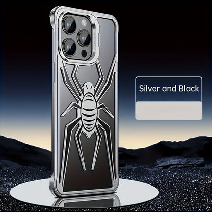 Case for iPhone 13 14 15 Pro Max/Pro/Plus, Aluminum Metal Spider Pattern Design Frameless Heat Dissection Minimalist Slim Lightweight Case with Built in Camera Stand, Black/Red/Silver - Hiccupzz
