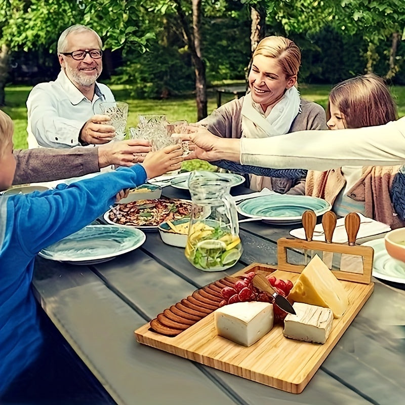 1 Set Bamboo Cheese Board Set, Cheese Tray, Charcuterie Board and Serving Meat Platter with 4 Stainless Steel Cheese Knives