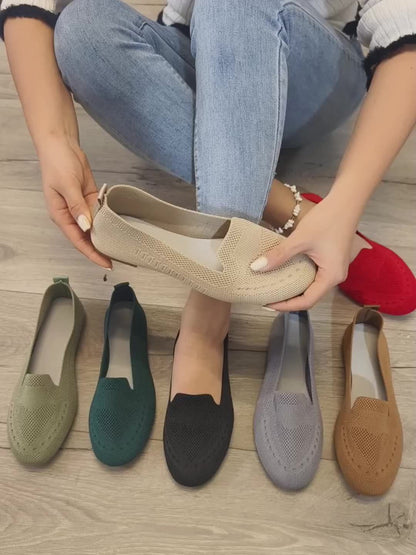 Women's Black Slip-On Flats - Breathable Knitted Round Toe Non-Slip Casual Lightweight Walking Shoes - Hiccupzz