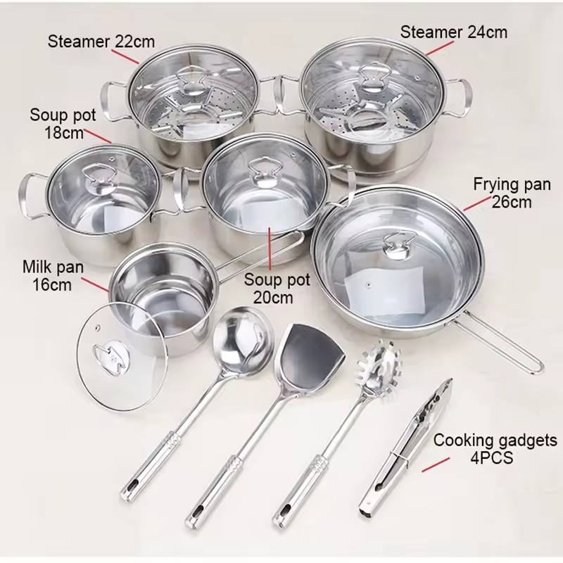 18-Piece Stainless Steel Cookware Set – Household Kitchen Soup Pot Set (16–26 cm)
