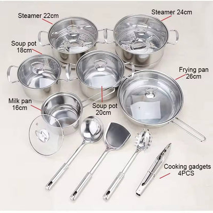 18-Piece Stainless Steel Cookware Set – Household Kitchen Soup Pot Set (16–26 cm)
