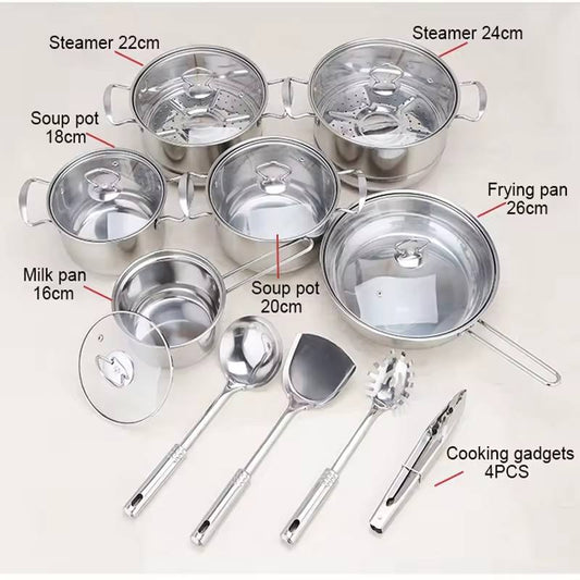18-Piece Stainless Steel Cookware Set – Household Kitchen Soup Pot Set (16–26 cm)