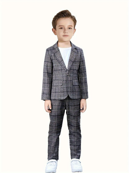 2 Pcs Boy's Tartan Pattern Gentleman Outfit, Suit Jacket & Pants Set, Formal Wear for Speech Performance Birthday Party, Kid's Clothes - Hiccupzz