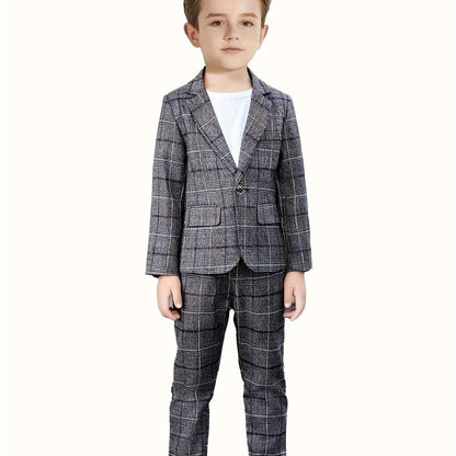 2 Pcs Boy's Tartan Pattern Gentleman Outfit, Suit Jacket & Pants Set, Formal Wear for Speech Performance Birthday Party, Kid's Clothes - Hiccupzz