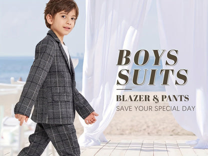 2 Pcs Boy's Tartan Pattern Gentleman Outfit, Suit Jacket & Pants Set, Formal Wear for Speech Performance Birthday Party, Kid's Clothes - Hiccupzz
