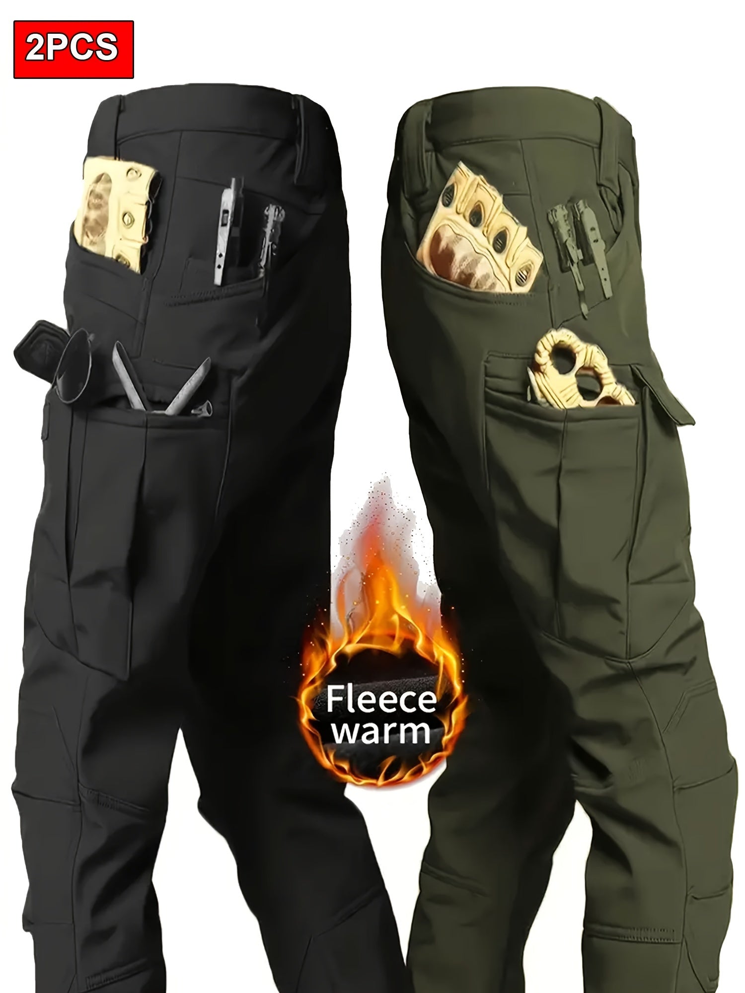 2 Pcs Men's Fleece-Lined Thermal Cargo Pants - Waterproof, Windproof, Multi-Pocket Tactical Pants for Winter Outdoor Activities - Hiccupzz