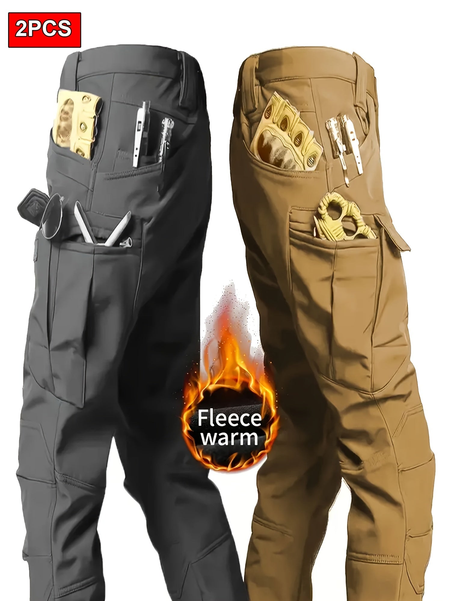 2 Pcs Men's Fleece-Lined Thermal Cargo Pants - Waterproof, Windproof, Multi-Pocket Tactical Pants for Winter Outdoor Activities - Hiccupzz