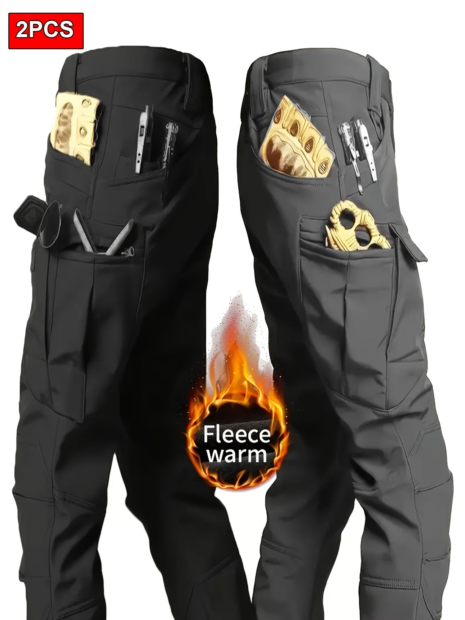 2 Pcs Men's Fleece-Lined Thermal Cargo Pants - Waterproof, Windproof, Multi-Pocket Tactical Pants for Winter Outdoor Activities - Hiccupzz