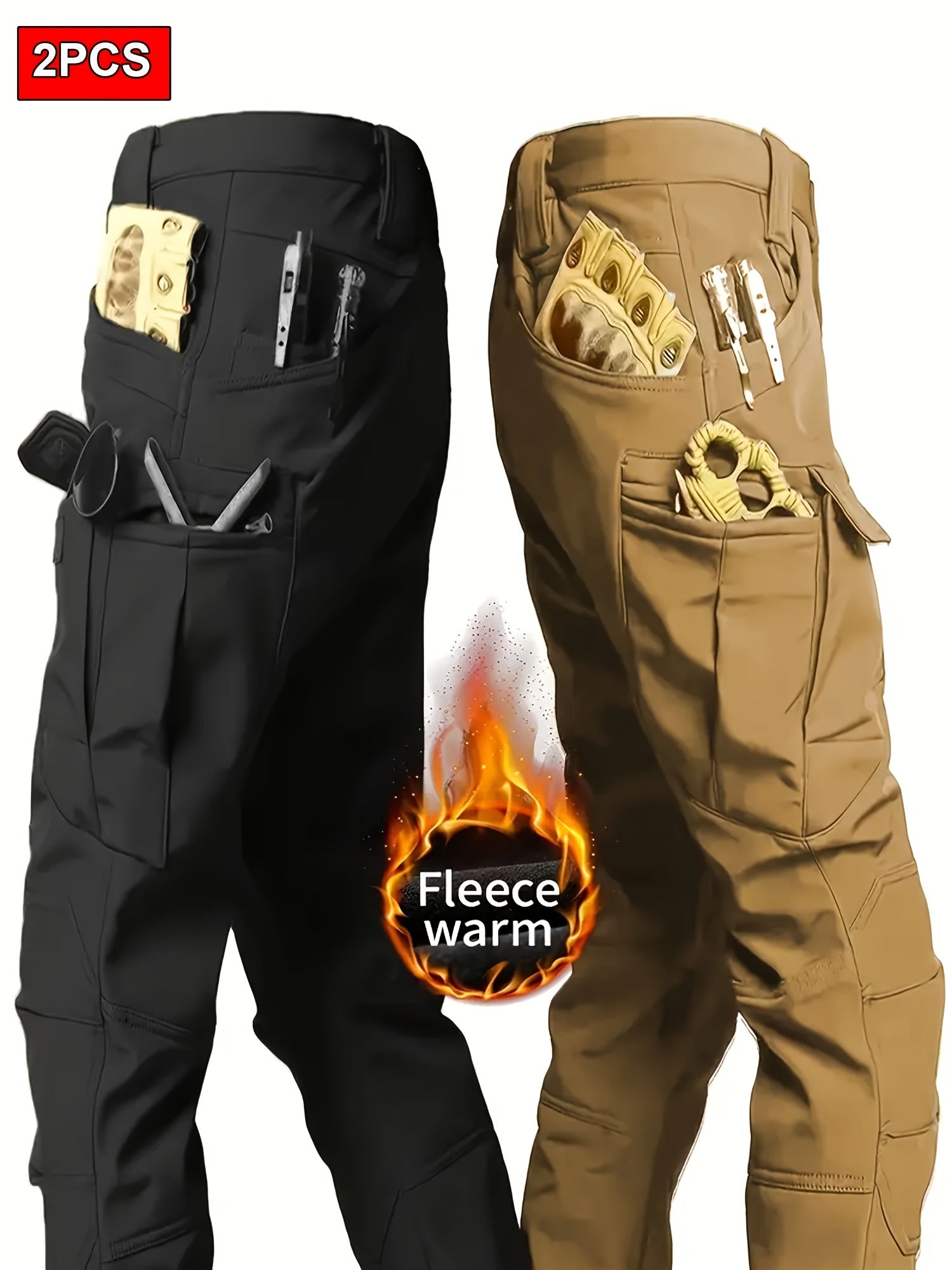 2 Pcs Men's Fleece-Lined Thermal Cargo Pants - Waterproof, Windproof, Multi-Pocket Tactical Pants for Winter Outdoor Activities - Hiccupzz