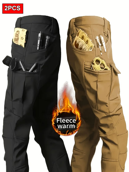 2 Pcs Men's Fleece-Lined Thermal Cargo Pants - Waterproof, Windproof, Multi-Pocket Tactical Pants for Winter Outdoor Activities - Hiccupzz