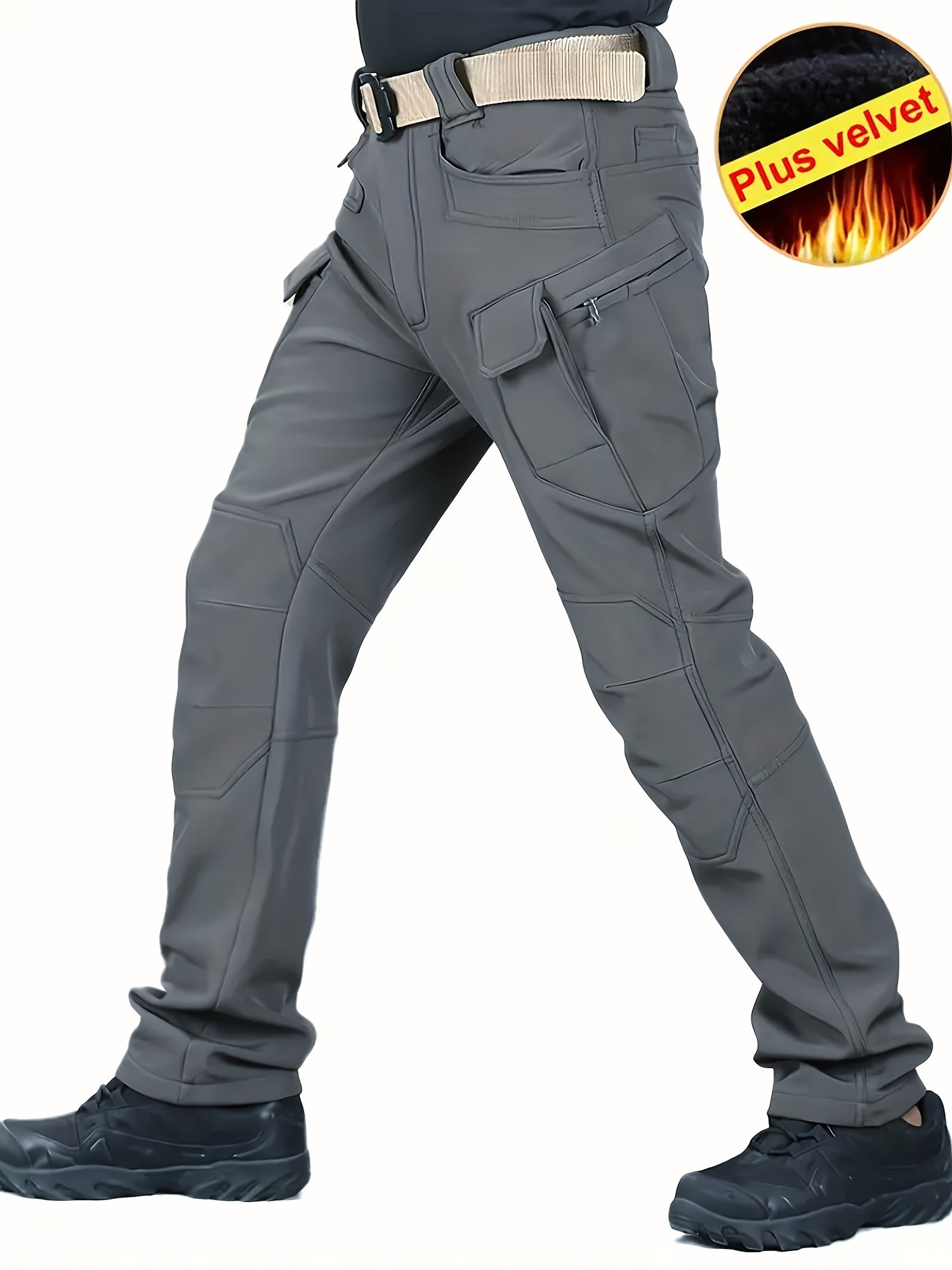 2 Pcs Men's Fleece-Lined Thermal Cargo Pants - Waterproof, Windproof, Multi-Pocket Tactical Pants for Winter Outdoor Activities - Hiccupzz