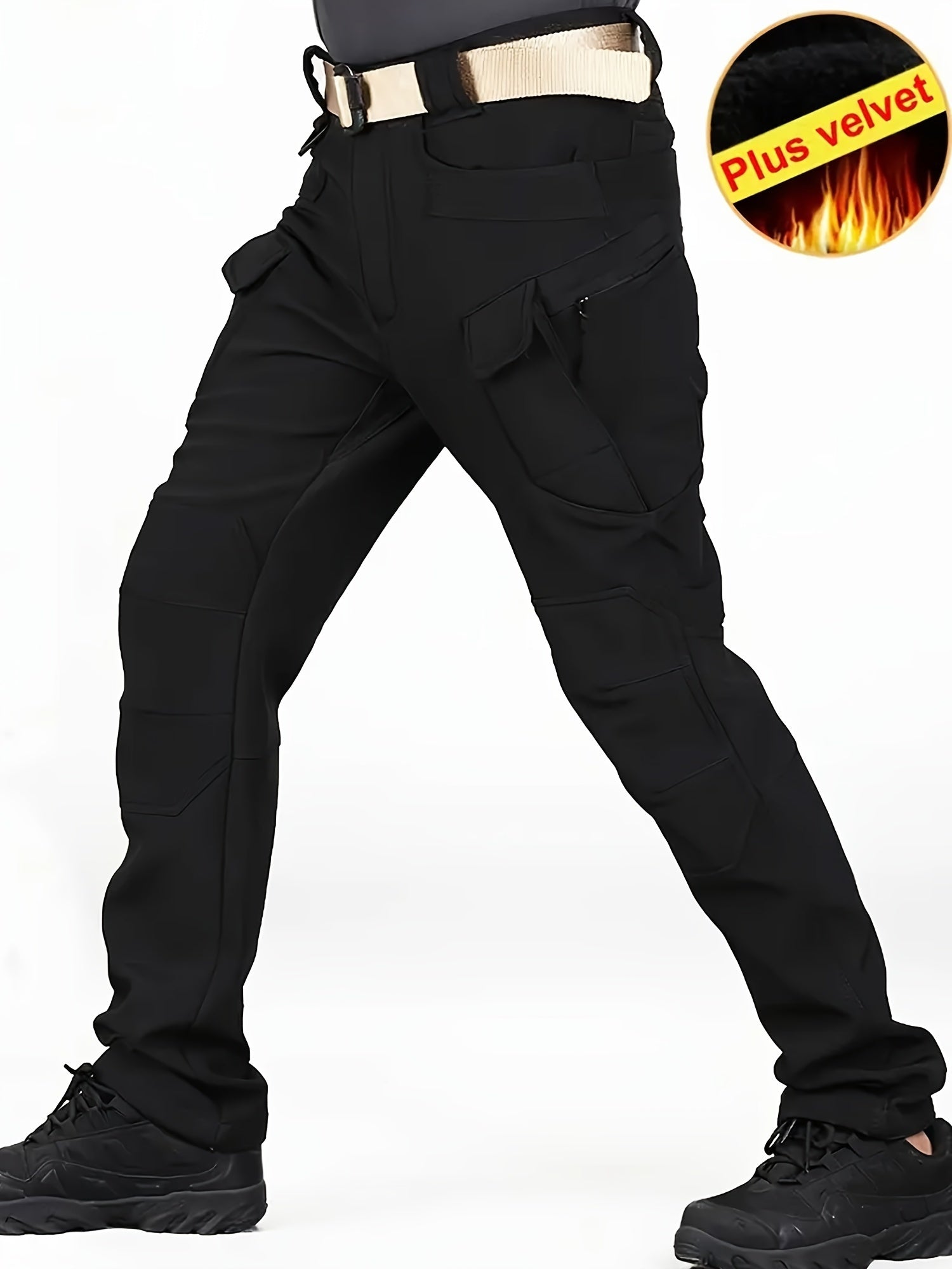 2 Pcs Men's Fleece-Lined Thermal Cargo Pants - Waterproof, Windproof, Multi-Pocket Tactical Pants for Winter Outdoor Activities - Hiccupzz