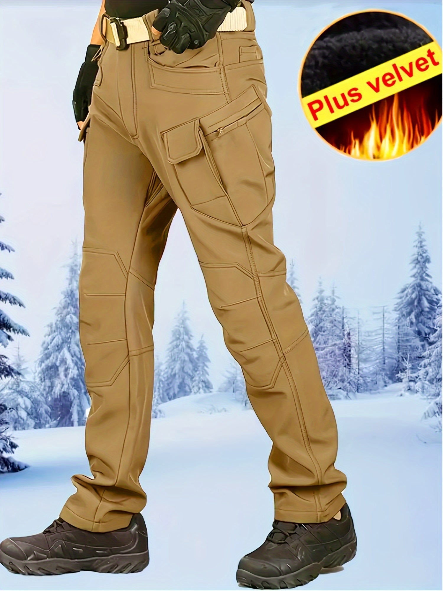 2 Pcs Men's Fleece-Lined Thermal Cargo Pants - Waterproof, Windproof, Multi-Pocket Tactical Pants for Winter Outdoor Activities - Hiccupzz