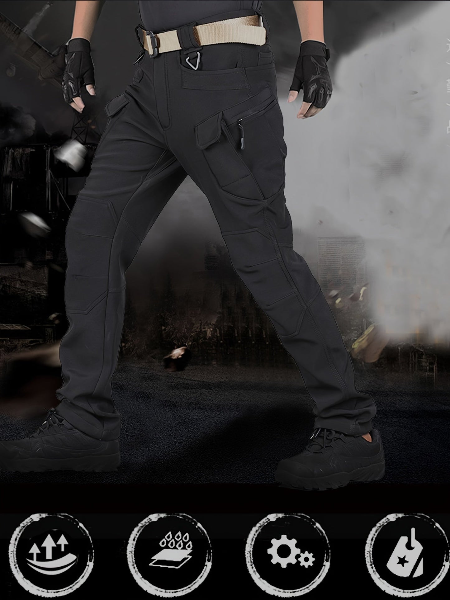 2 Pcs Men's Fleece-Lined Thermal Cargo Pants - Waterproof, Windproof, Multi-Pocket Tactical Pants for Winter Outdoor Activities - Hiccupzz