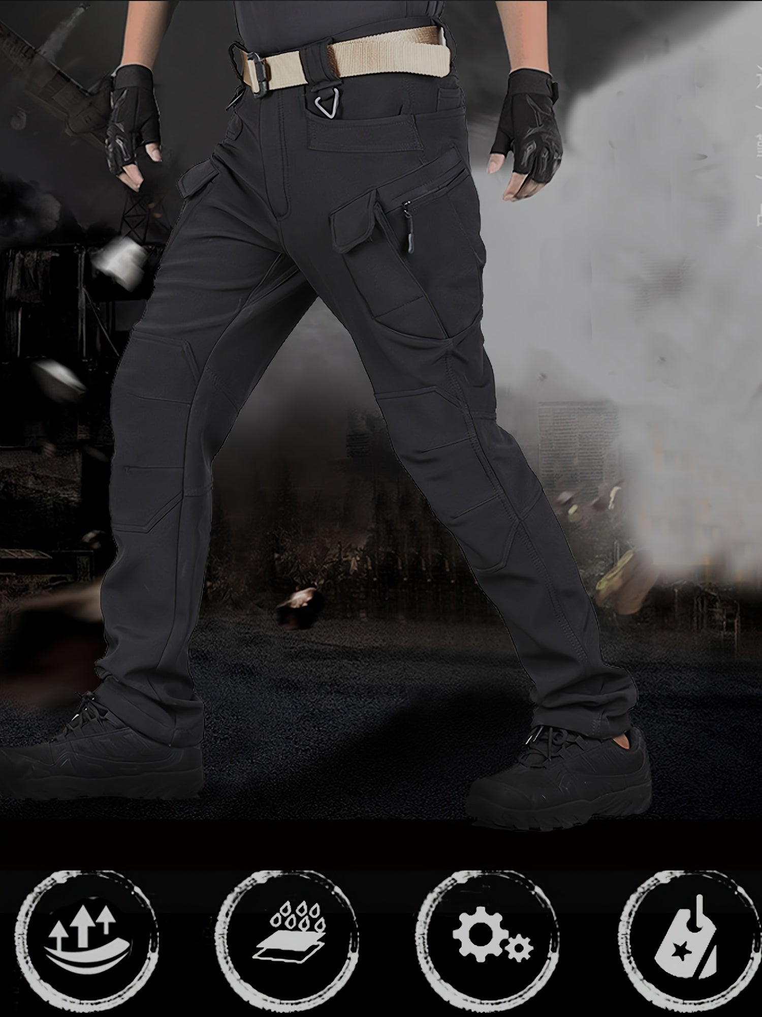 2 Pcs Men's Fleece-Lined Thermal Cargo Pants - Waterproof, Windproof, Multi-Pocket Tactical Pants for Winter Outdoor Activities - Hiccupzz