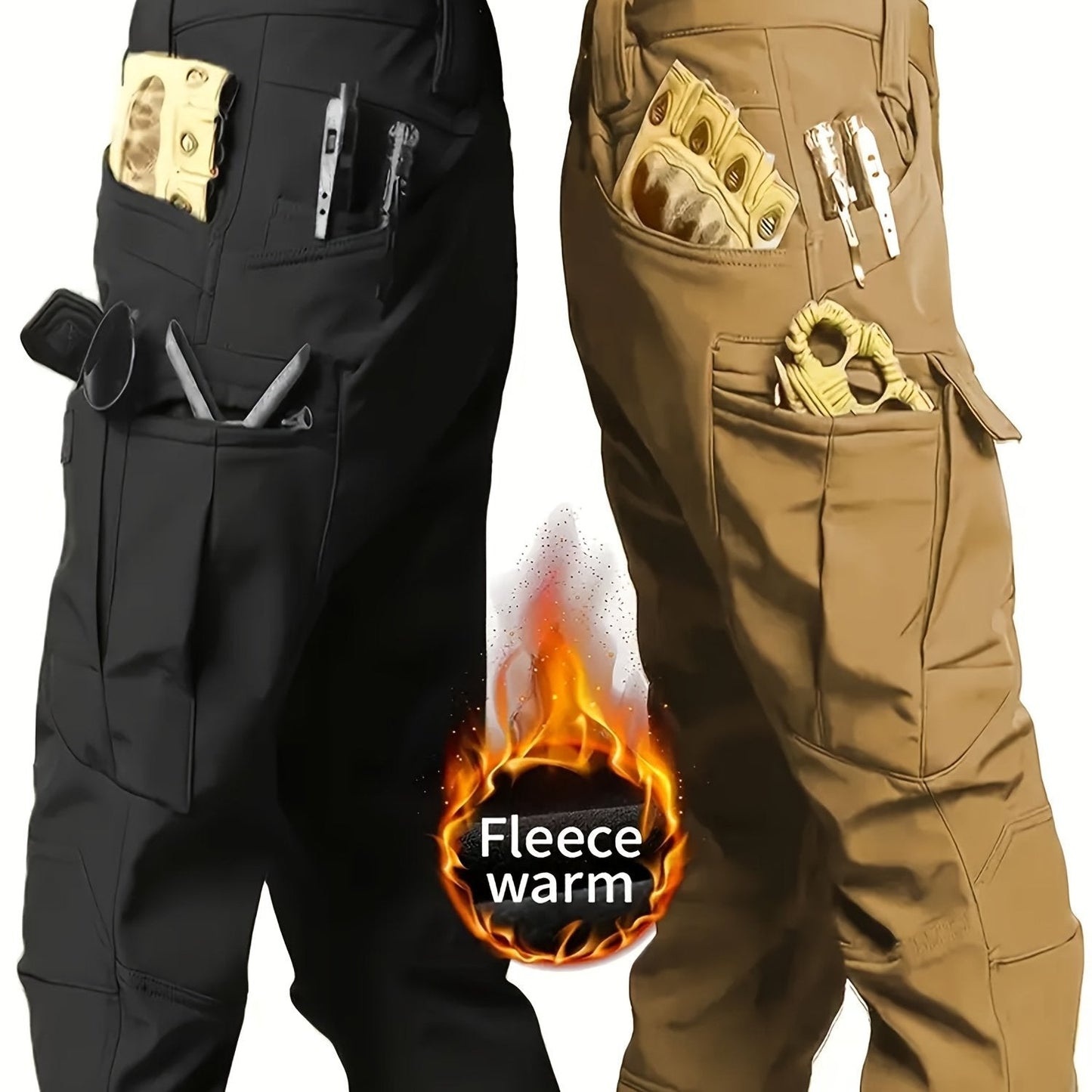 2 Pcs Men's Fleece-Lined Thermal Cargo Pants - Waterproof, Windproof, Multi-Pocket Tactical Pants for Winter Outdoor Activities - Hiccupzz
