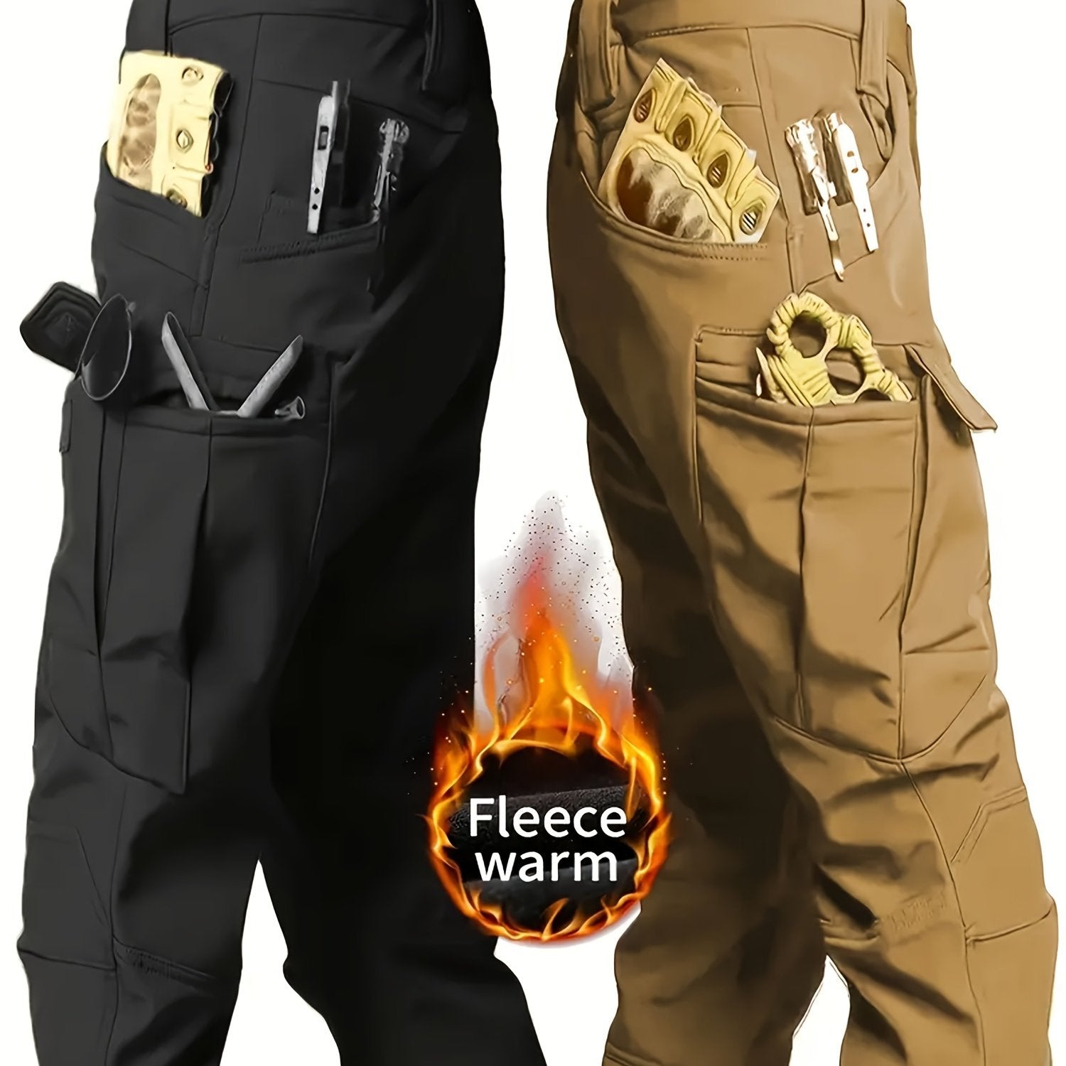 2 Pcs Men's Fleece-Lined Thermal Cargo Pants - Waterproof, Windproof, Multi-Pocket Tactical Pants for Winter Outdoor Activities - Hiccupzz