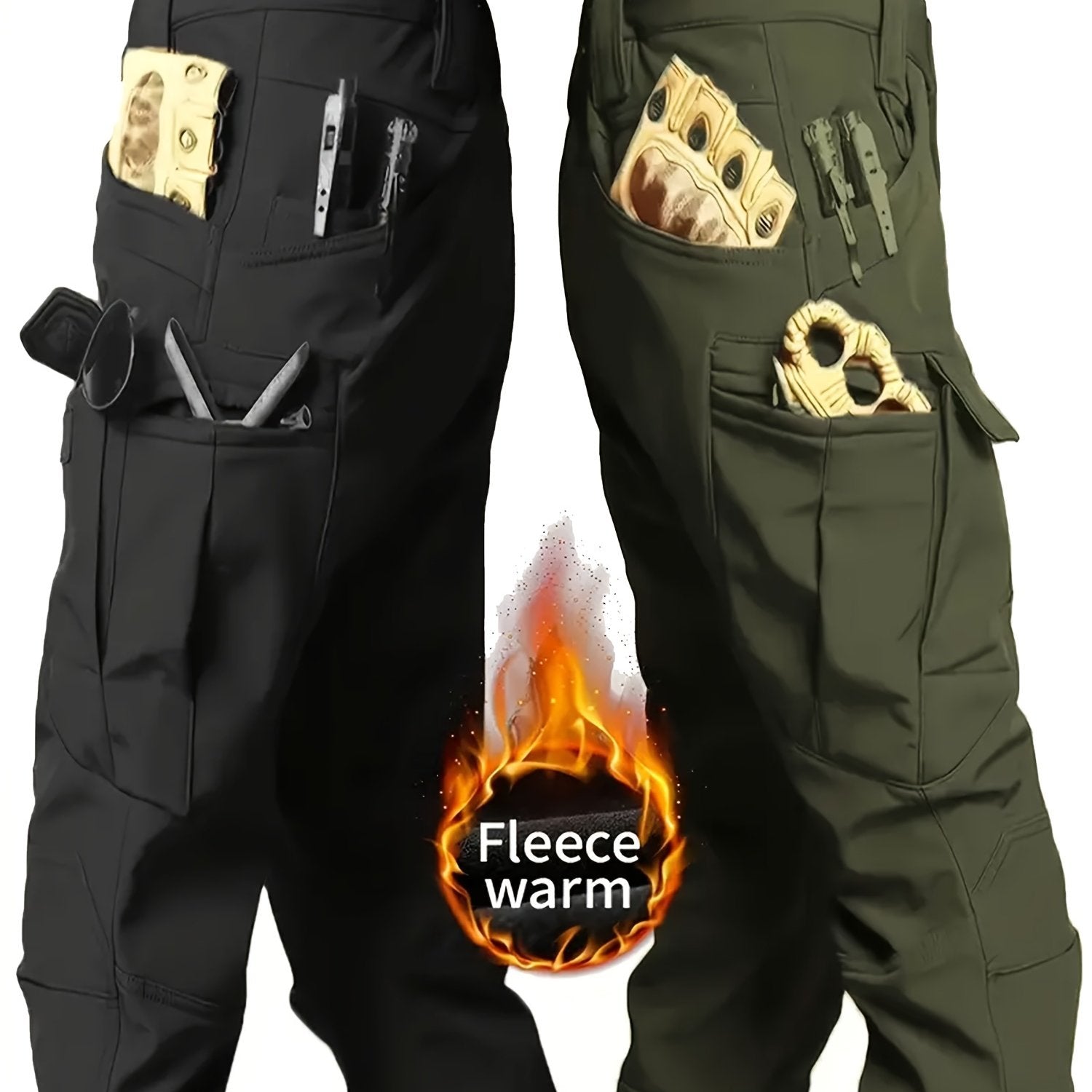 2 Pcs Men's Fleece-Lined Thermal Cargo Pants - Waterproof, Windproof, Multi-Pocket Tactical Pants for Winter Outdoor Activities - Hiccupzz
