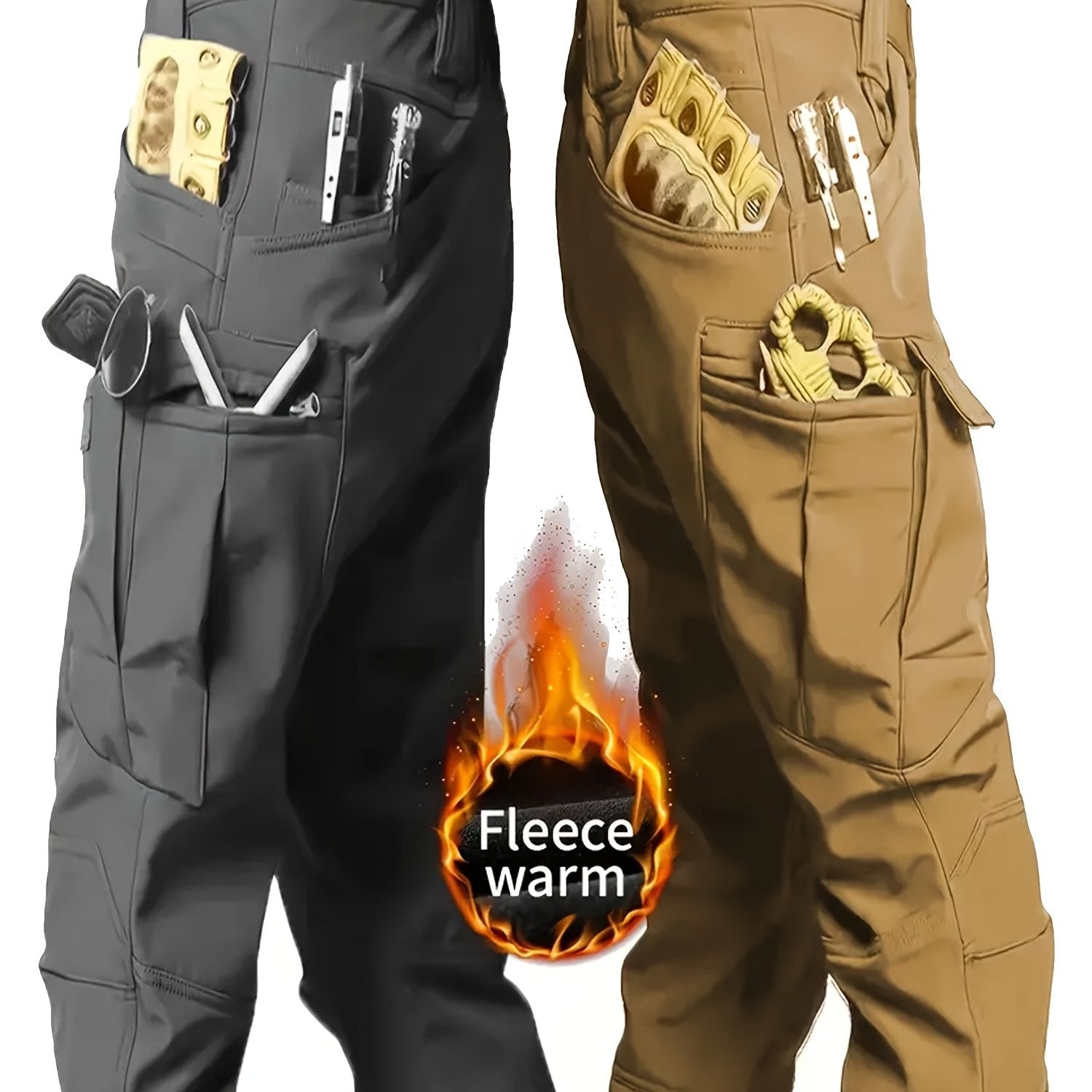 2 Pcs Men's Fleece-Lined Thermal Cargo Pants - Waterproof, Windproof, Multi-Pocket Tactical Pants for Winter Outdoor Activities - Hiccupzz