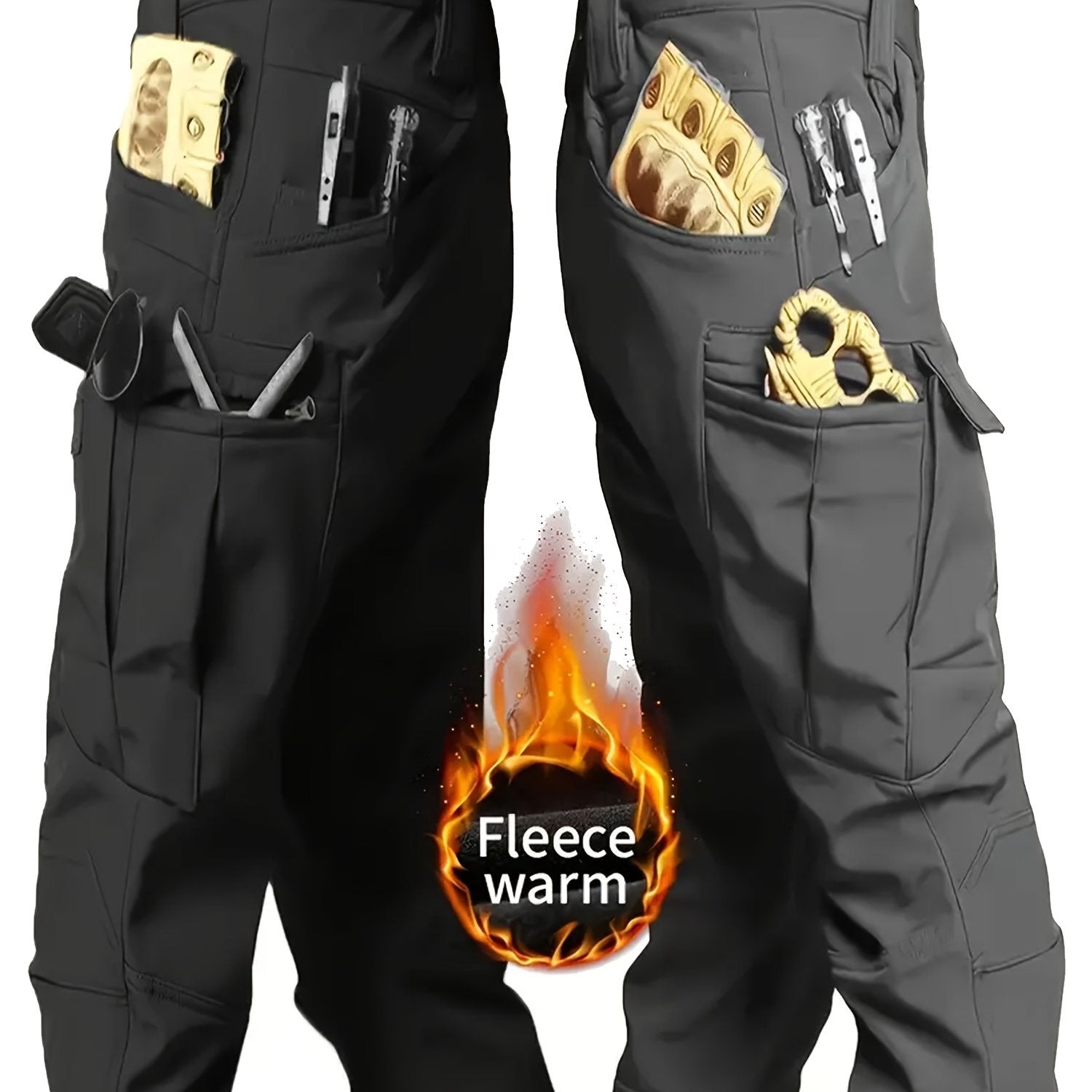 2 Pcs Men's Fleece-Lined Thermal Cargo Pants - Waterproof, Windproof, Multi-Pocket Tactical Pants for Winter Outdoor Activities - Hiccupzz