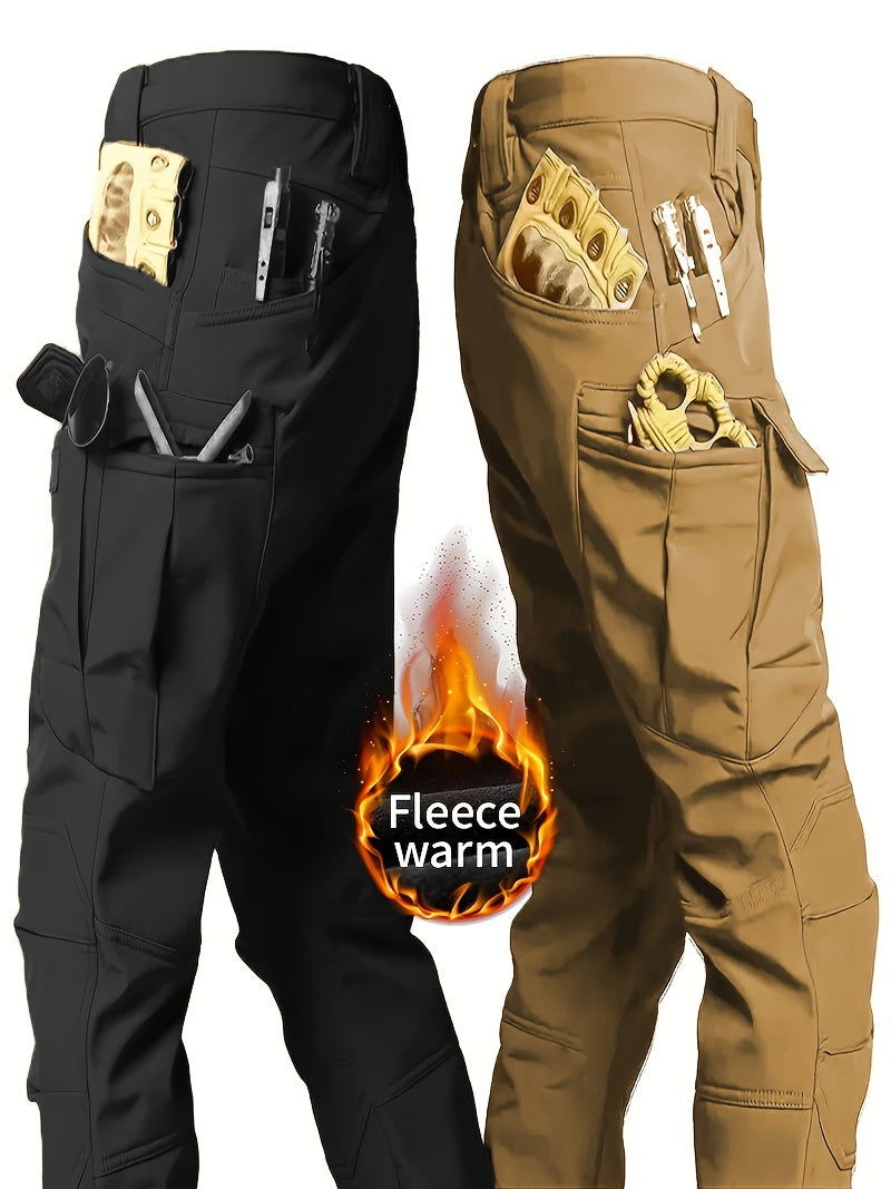 2 Pcs Men's Fleece-Lined Thermal Cargo Pants - Waterproof, Windproof, Multi-Pocket Tactical Pants for Winter Outdoor Activities - Hiccupzz