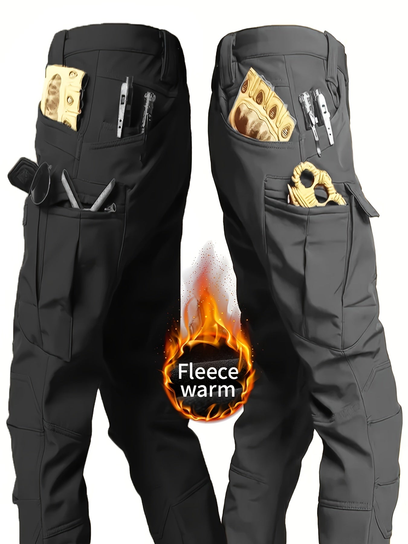 2 Pcs Men's Fleece-Lined Thermal Cargo Pants - Waterproof, Windproof, Multi-Pocket Tactical Pants for Winter Outdoor Activities - Hiccupzz
