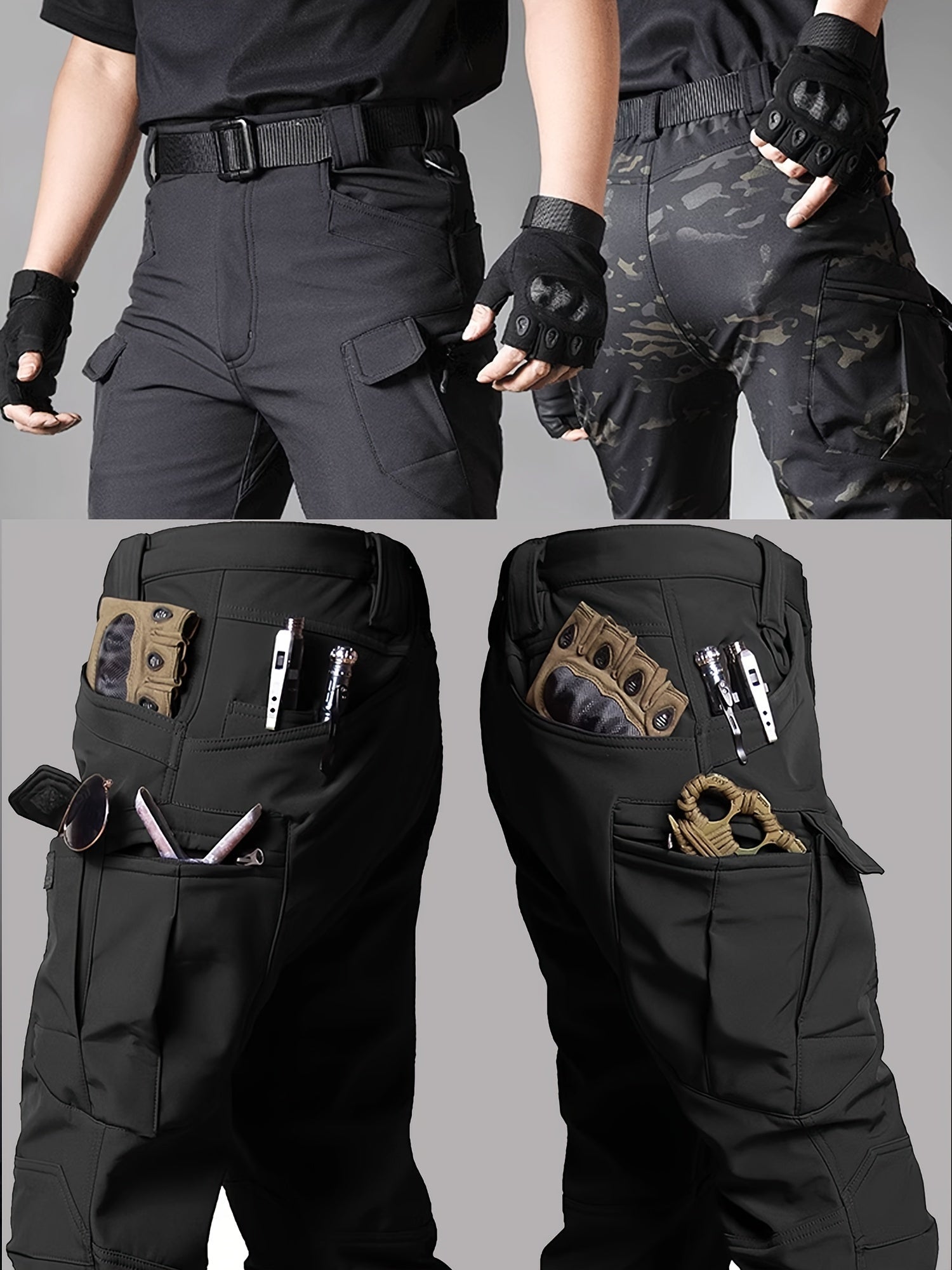 2 Pcs Men's Fleece-Lined Thermal Cargo Pants - Waterproof, Windproof, Multi-Pocket Tactical Pants for Winter Outdoor Activities - Hiccupzz