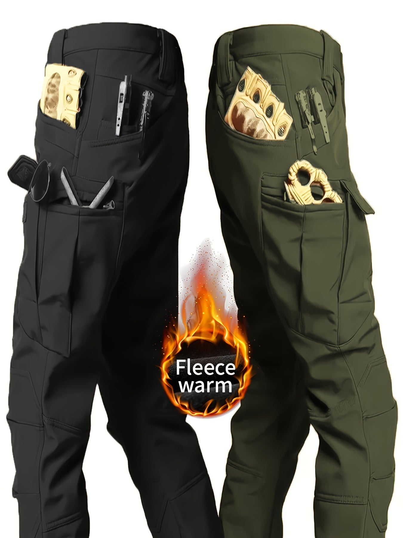 2 Pcs Men's Fleece-Lined Thermal Cargo Pants - Waterproof, Windproof, Multi-Pocket Tactical Pants for Winter Outdoor Activities - Hiccupzz