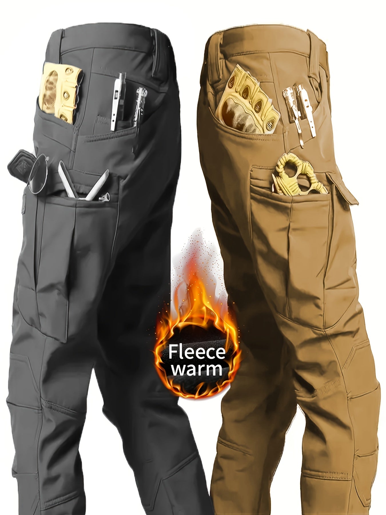 2 Pcs Men's Fleece-Lined Thermal Cargo Pants - Waterproof, Windproof, Multi-Pocket Tactical Pants for Winter Outdoor Activities - Hiccupzz