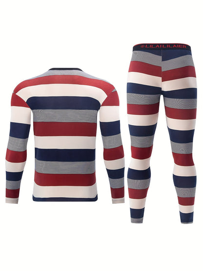 2 Pcs Men's Vintage Striped Thermal Base Layer Set - Moisture-Wicking Long Sleeve & Leggings for Skiing, Running, and Fitness - Hiccupzz