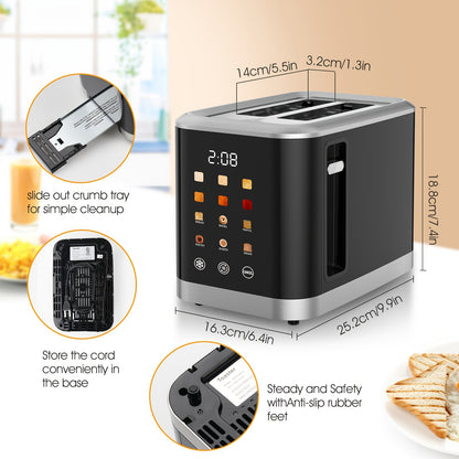 1 Pc Smart Digital Toaster - Touch Screen LCD Display, 6 Bread Types, 6 Shade Settings, 1.5" Wide Slots, Bagel/Defrost/Cancel Functions, 750-1000W, 2-Slice, US Plug, 110-130V