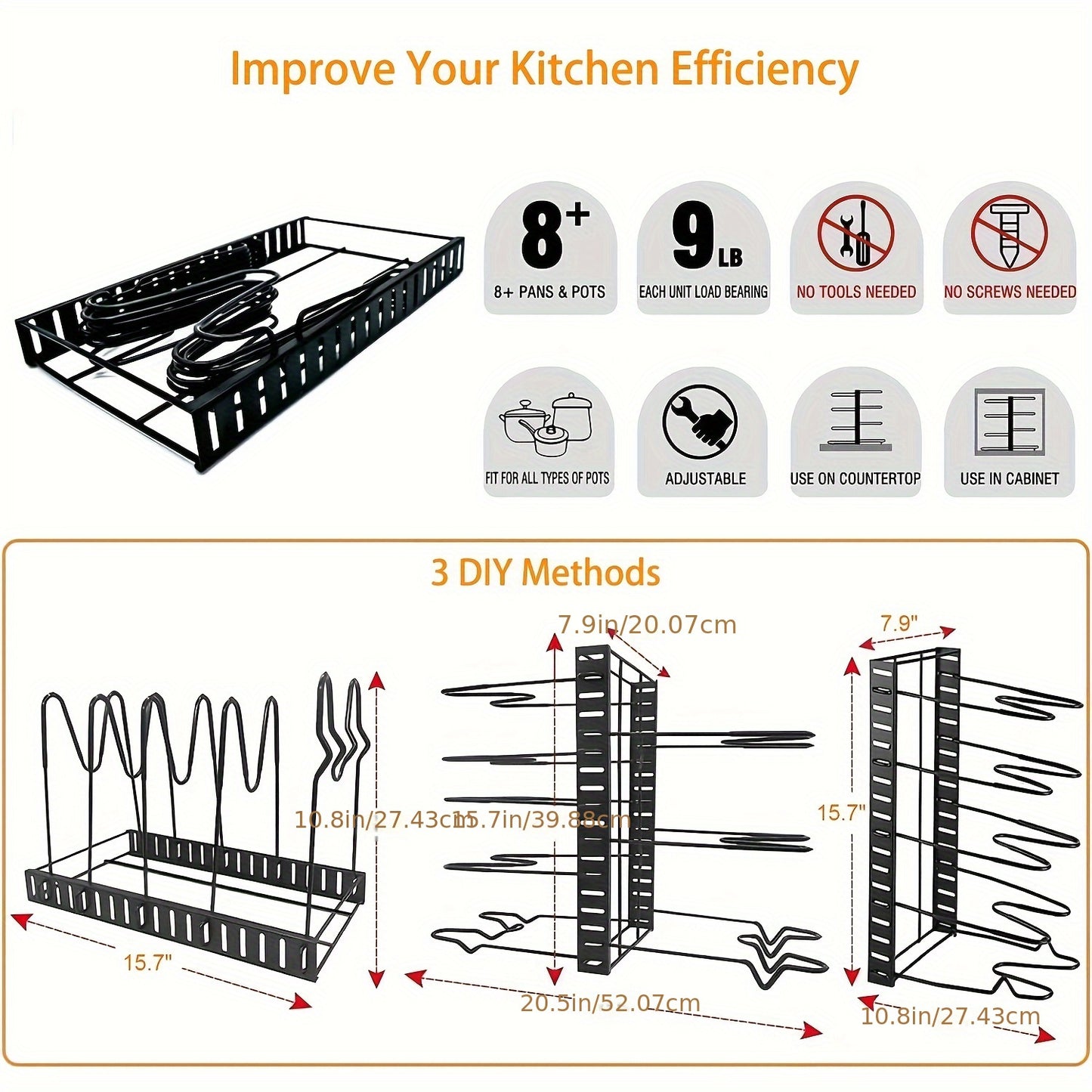 Pot Organizer Rack 8 Tiers Pots and Pans Organizer Kitchen Cabinet Storage Metal Holders