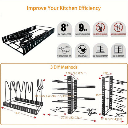 Pot Organizer Rack 8 Tiers Pots and Pans Organizer Kitchen Cabinet Storage Metal Holders - Hiccupzz