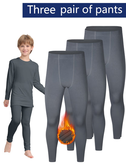3-Piece Boys' Fleece-Lined Quick-Dry Leggings - Cozy, Stretchy & Warm for Fall/Winter, Soft Fleece & Polyester Blend, Perfect for Outdoor Play & Sports