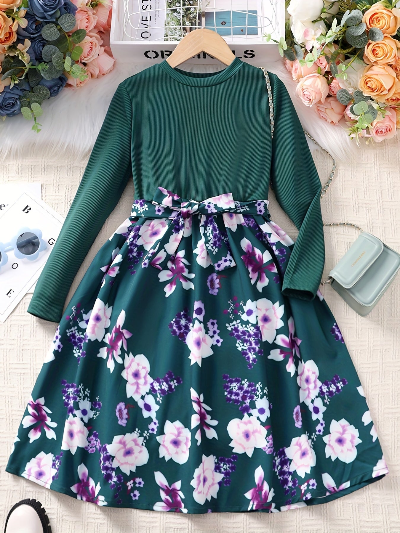 Girls' Floral Spliced Dress, Long Sleeves, Round Neck, Belted, Party Dress