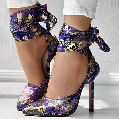 Floral Satin High Heels - Elegant Pointed Toe Lace Up Stilettos for Parties and Dressy Occasions - Hiccupzz