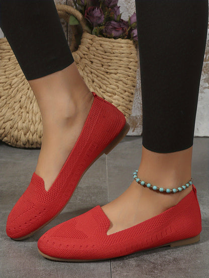 Women's Black Slip-On Flats - Breathable Knitted Round Toe Non-Slip Casual Lightweight Walking Shoes - Hiccupzz
