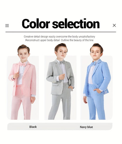 3-Pcs Boys Formal Plaid Gentleman Outfits, Long Sleeve Blazer, Bowtie, Pants Set - Hiccupzz