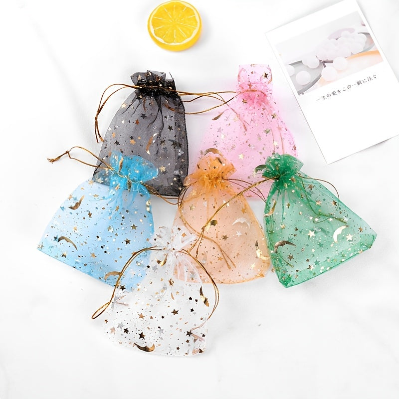 50pcs Bronzing Star Moon Transparent Organza Mesh Bag, Eid al-Fitr Decoration