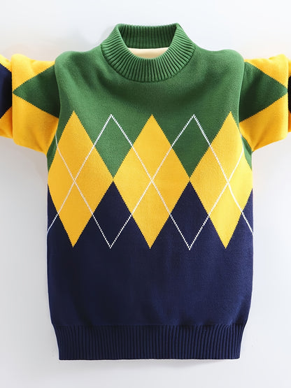 Kid's Color Clash Argyle Jacquard Sweater, Preppy Style Cable Knit Long Sleeve Top, Fall/Winter - Hiccupzz