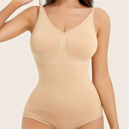 Women's Seamless Slim Fit Shapewear Bodysuit, Tummy Control Sleeveless V Neck Jumpsuit, Women's Activewear - Hiccupzz