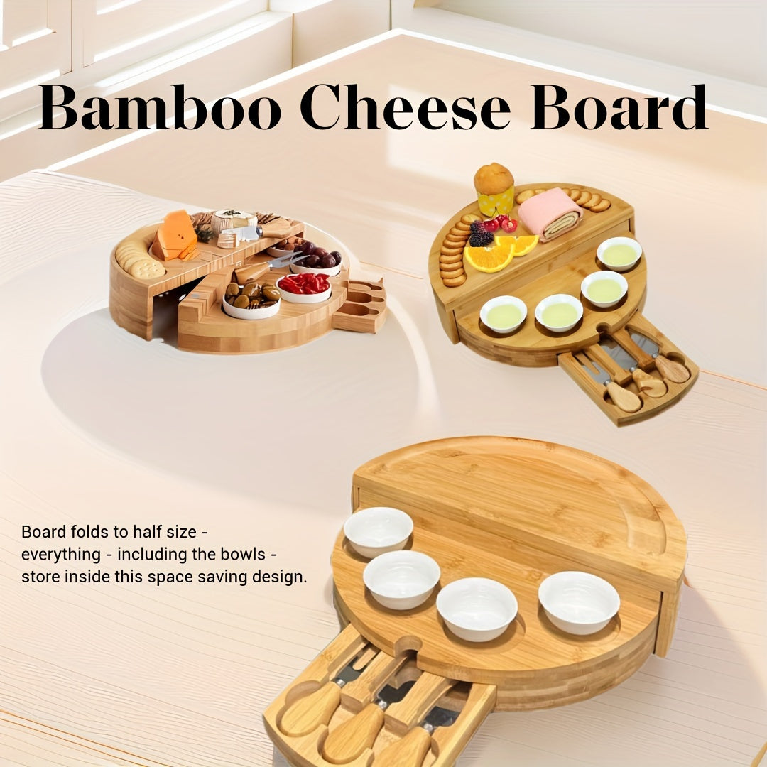 1 Set Bamboo Cheese Board with Slide-Out Drawer & Foldable Storage